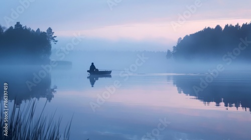 An angler in a tranquil fishing spot at dawn, the calm water reflecting the soft morning light, capturing the meditative quality of fishing in untouched nature. © Sasint