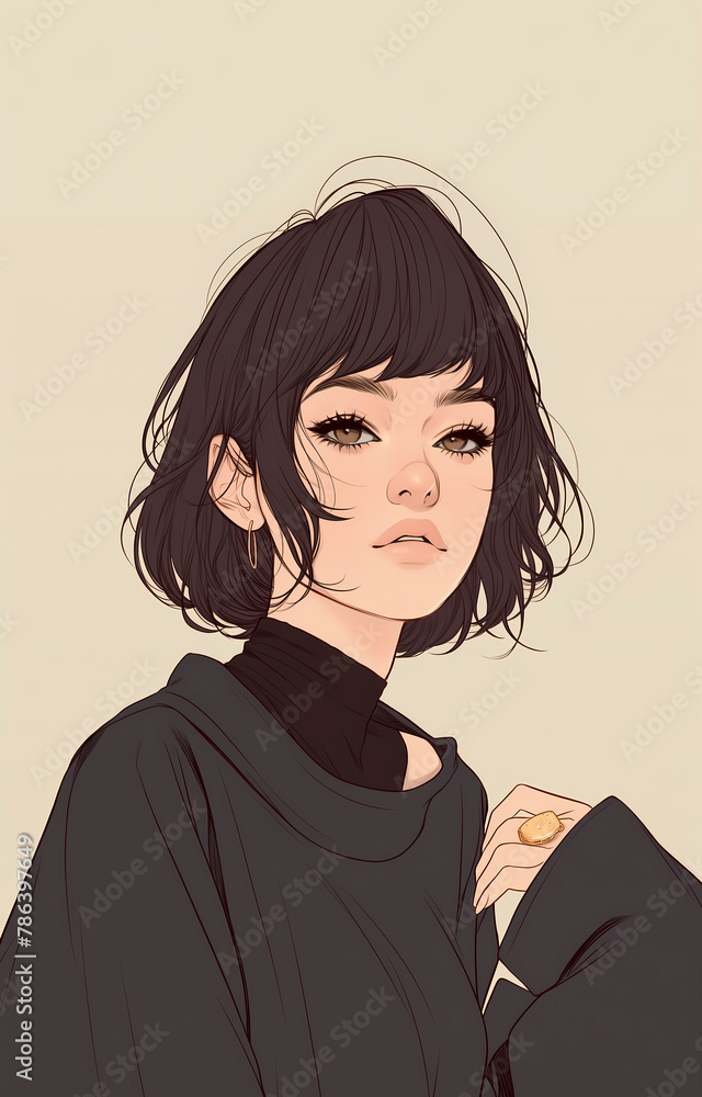 Fototapeta premium Portrait of a beautiful young woman with black hair. Vector illustration.