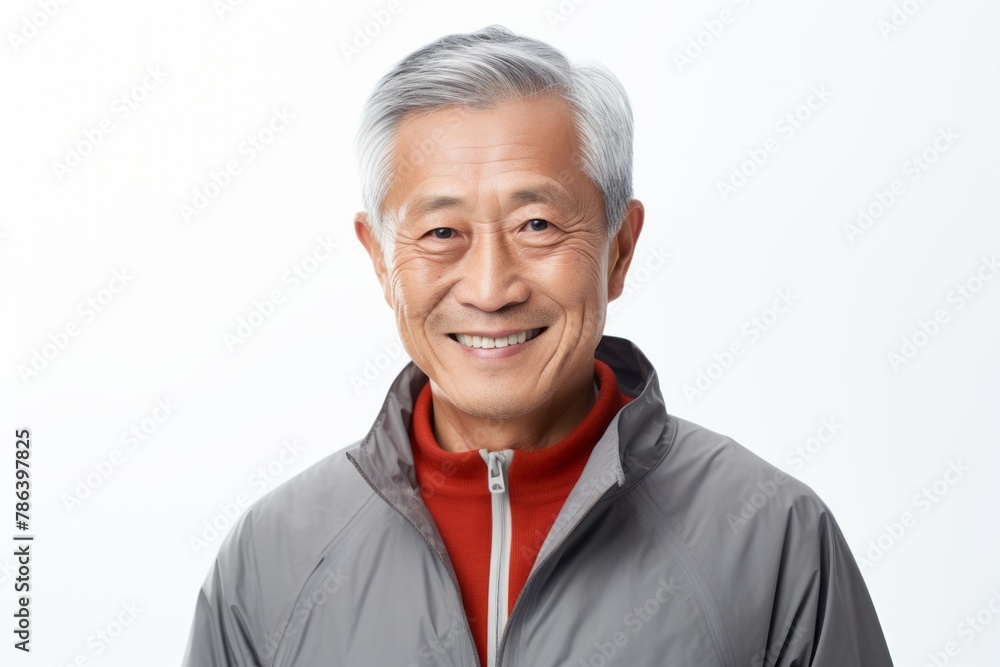 Portrait of a tender asian man in his 70s sporting a breathable hiking shirt in white background Portrait of a tender asian man in his 70s sporting a breathable hiking shirt in white background