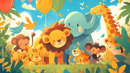 Cute cartoon animals with balloons in the jungle. Vector illustration.