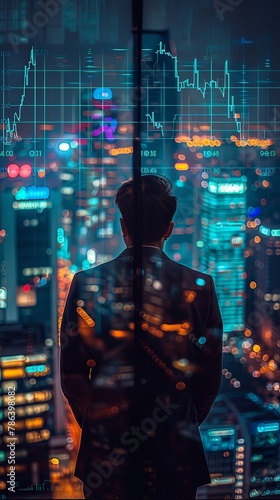 Vertical portrait of man looking at digital graph display on skyscraper office window at night with blurred bokeh city