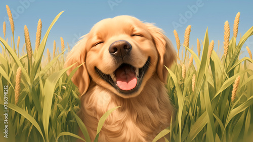 Cute Golden Retriever in a field of wheat photo