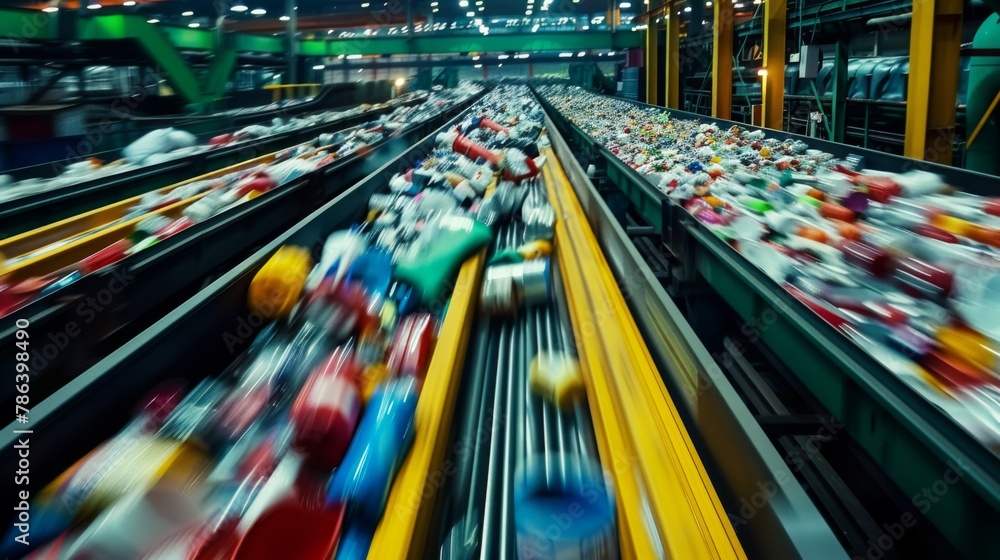 A dynamic view of assorted waste traveling on a conveyor belt in a recycling facility with motion blur A dynamic view of assorted waste traveling on a conveyor belt in a recycling facility with motion blur