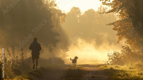 An early morning jog in the mist, where a person and their dog enjoy the tranquility and rhythm of their shared routine, strengthening their connection. photo