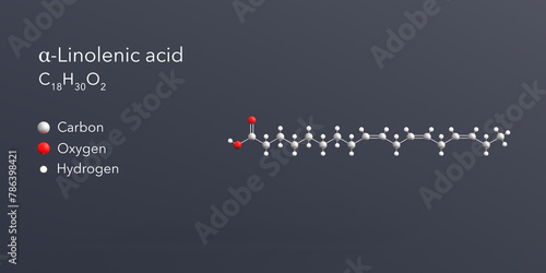 a-linolenic acid molecule 3d rendering, flat molecular structure with chemical formula and atoms color coding photo