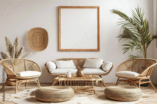 stylish living room with mock up poster frame and rattan furniture 3d illustration