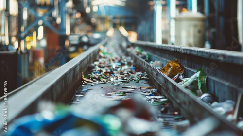 A conveyor belt carries a plethora of materials, ready for sorting at a bustling recycling plant © mikeosphoto