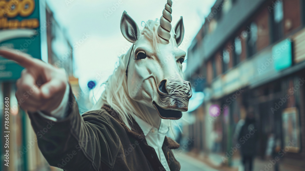 Man with unicorn mask pointing finger