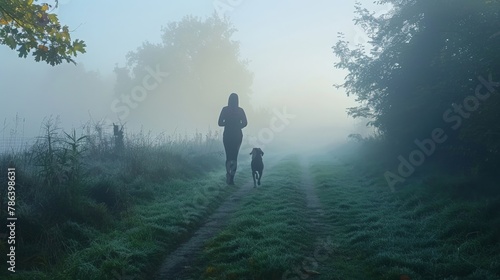 An early morning jog in the mist, where a person and their dog enjoy the tranquility and rhythm of their shared routine, strengthening their connection. © Sasint
