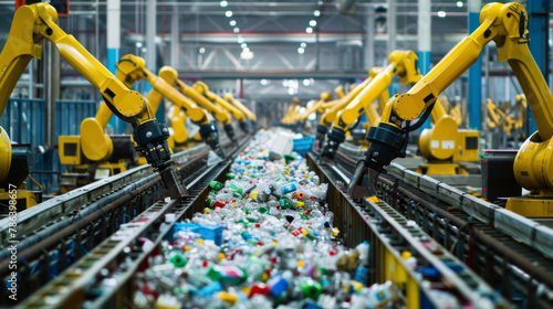 Automated recycling facility where robotic arms meticulously sorts recyclables. Intersection of technology and sustainability, efficiency in waste management © mikeosphoto