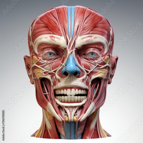 3D illustration of the human facial muscles, detailing expression mechanics, for studies in physiology and psychology photo
