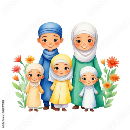 watercolor Muslim full family with flowers on Isolated transparent background png. generated with AI