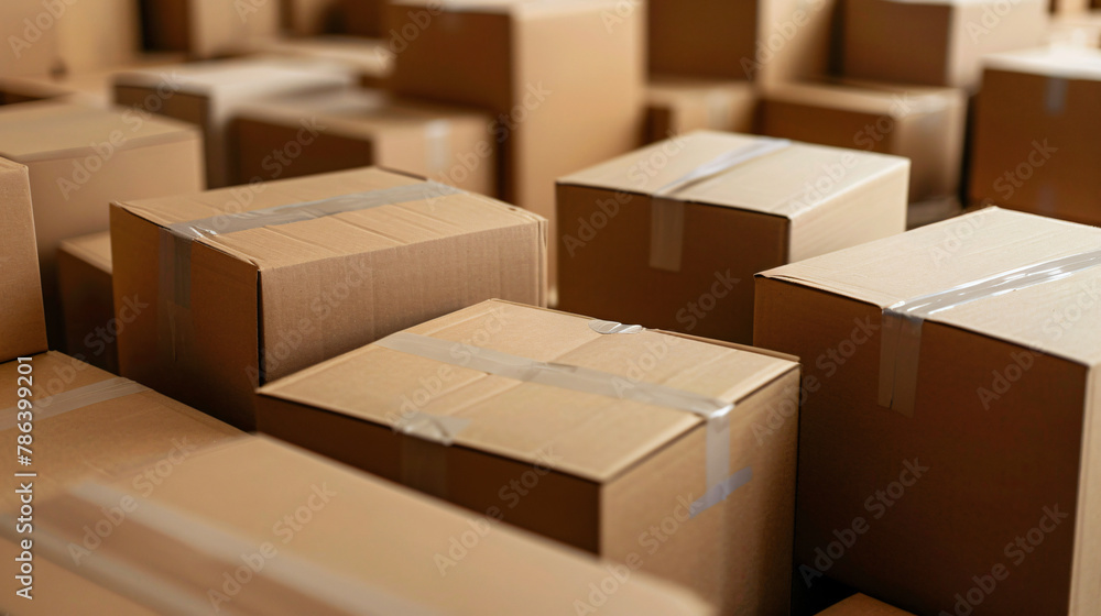 Many cardboard boxes as background closeup. Packaging