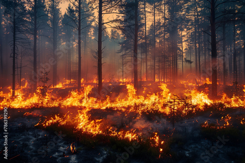 Forest Engulfed in Flames Amongst Dense Trees