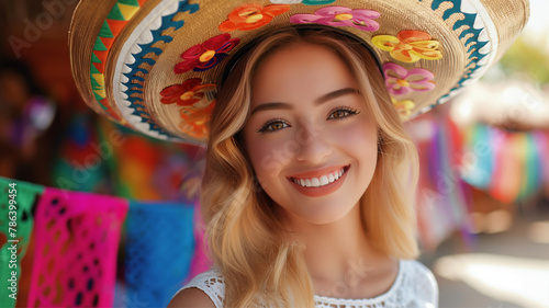 Beautiful smiling Woman with sombrero hat ,  Cinco de Mayo. Inscription May 5 in English . Holiday concept. Template for background, banner, card, poster with text inscription, Mexican party