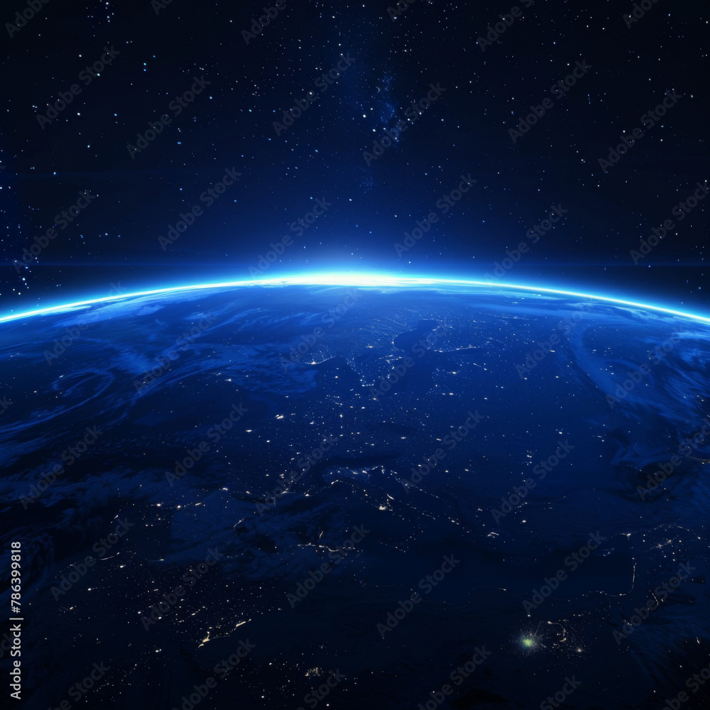Fototapeta premium A luminous scene of the Earth against a dark blue space background, viewed from outer space
