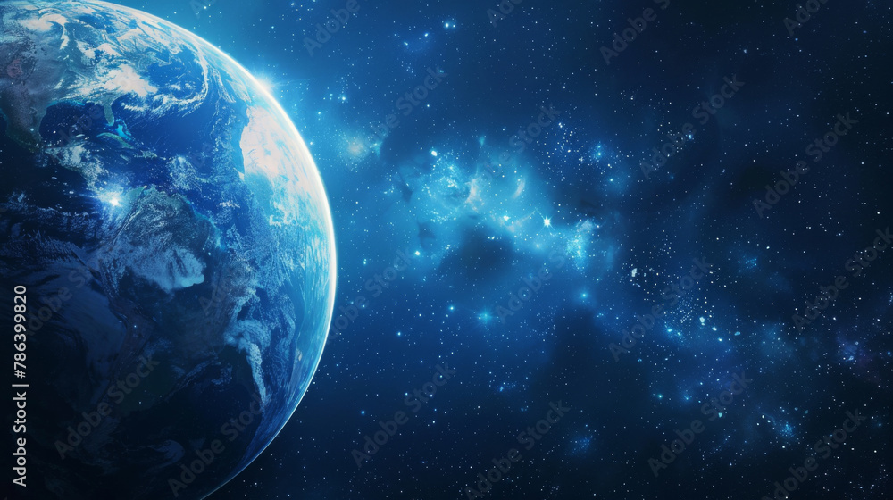 Obraz premium A luminous scene of the Earth against a dark blue space background, viewed from outer space