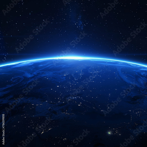 A luminous scene of the Earth against a dark blue space background  viewed from outer space