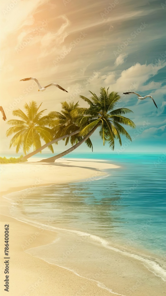 Beautiful romantic background wallpaper for phone stories and social networks tropical coast with palm trees against the sun