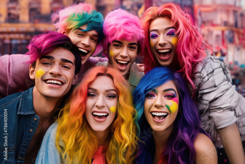 Happy diverse friends with colorful hairstyles enjoying LGBT day