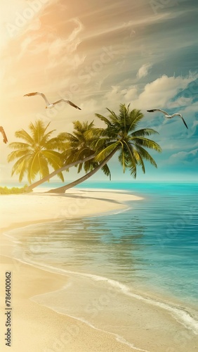 Beautiful romantic background wallpaper for phone stories and social networks tropical coast with palm trees against the sun © Tetiana