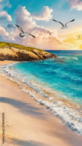 Beautiful romantic background wallpaper for phone stories and social media tropical coast sunset and seagulls. bright landscape illustration  drawing