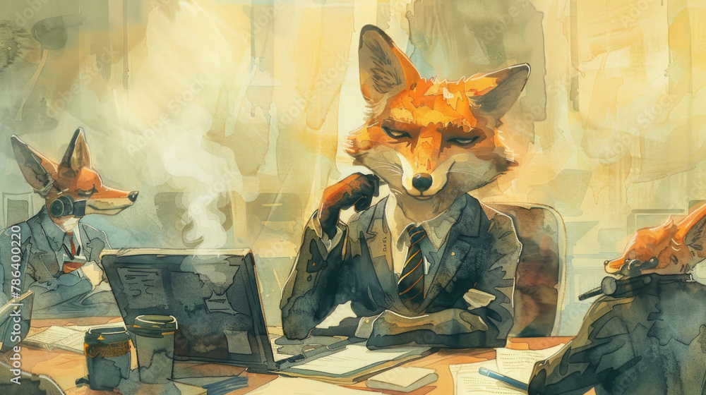 Obraz premium A painting portraying a fox sitting at a desk, looking focused and engaged in an unknown task
