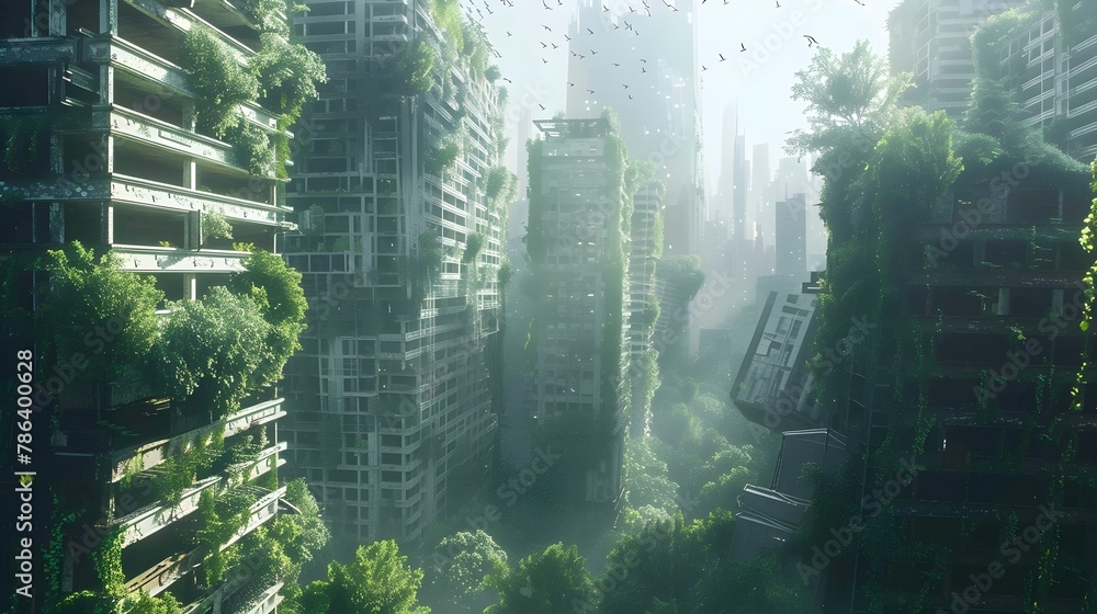 Obraz premium Overgrown Skyscrapers in Abandoned City Reclaimed by Lush Vegetation and Wildlife in a Post-Apocalyptic yet Hopeful Futuristic Landscape