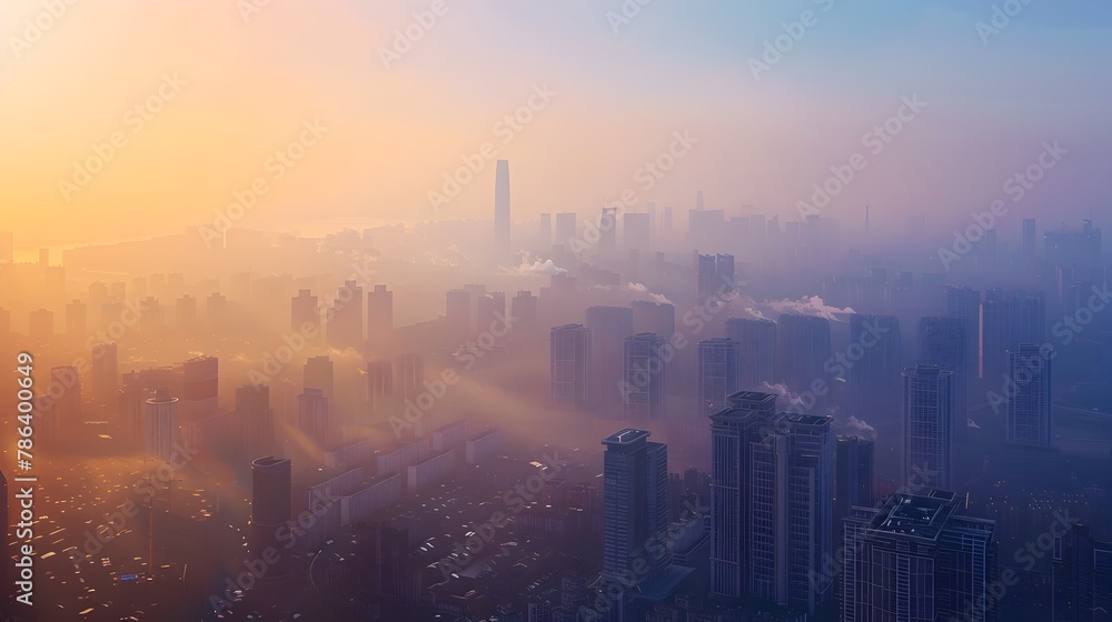 Fototapeta premium Contrasting Cityscapes:Bustling Urban Skyline Juxtaposed with Smog-Filled Skies,Showcasing the Impact of Air Pollution