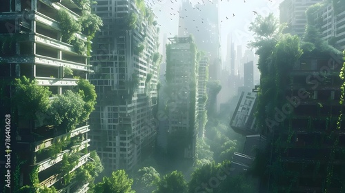 Overgrown Skyscrapers in Abandoned City Reclaimed by Lush Vegetation and Wildlife in a Post-Apocalyptic yet Hopeful Futuristic Landscape © pkproject