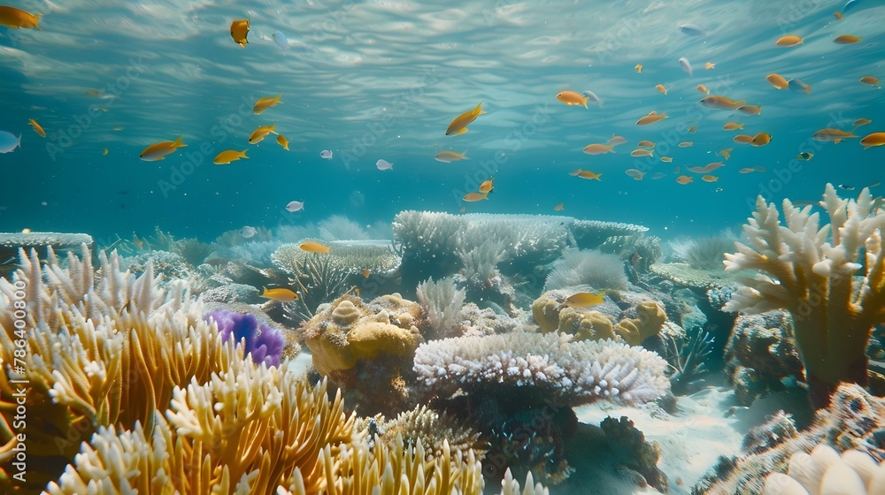 Naklejka premium Vibrant Underwater Seascape Showcasing Diverse Marine Life and Fragile Coral Ecosystem