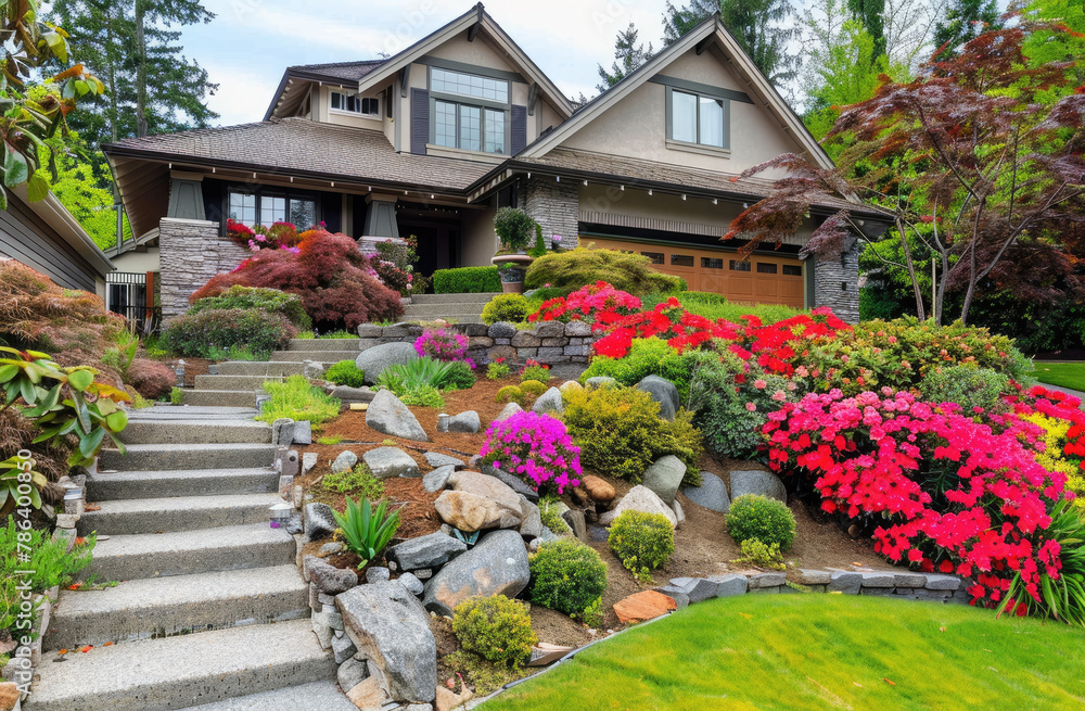 A house with an attractive front yard, featuring colorful flowers and neatly arranged rocks for landscaping