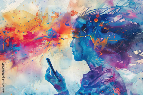 A painting of a woman holding a cell phone to her ear  engaged in a phone call