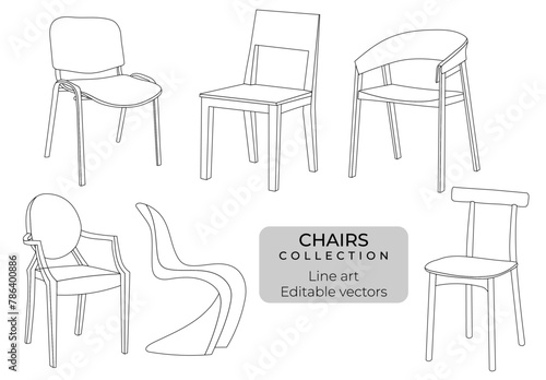 Wood and plastic hairs line drawing outline editable office and home furniture vector collection