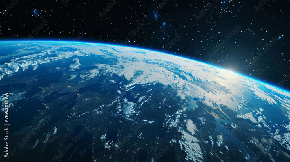 Obraz premium A luminous scene of the Earth against a dark blue space background, viewed from outer space