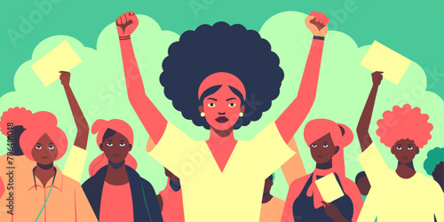 Pride african womans with raised fists in unity for black history month or juneteenth. Stylized vector female banner symbolizing diversity and heritage
