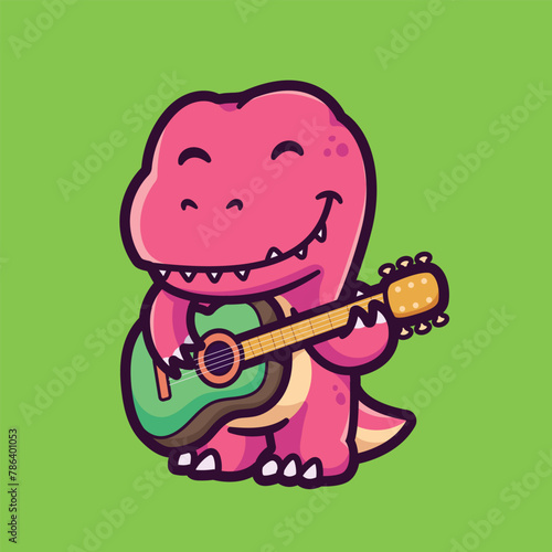 Vector Cute Cartoon Illustration of Dinosaur and Guitar
