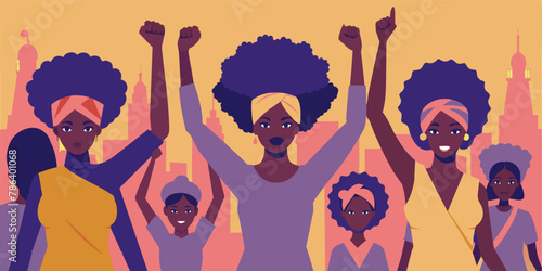 Illustration of african women proudly raising fists against a city skyline, symbolizing strength and unity