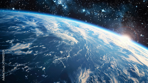 A luminous scene of the Earth against a dark blue space background, viewed from outer space