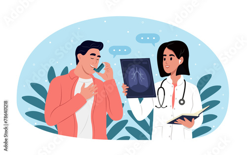 World Asthma Day. Pulmonary diseases. Allergy, asthmatic. X-ray of the lungs, the concept of pneumonia. A radiologist examines a patient's chest X-ray