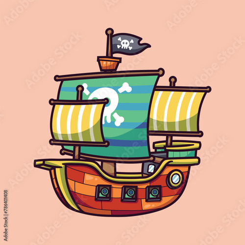 Vector Cute Cartoon Illustration of Pirate Ship
