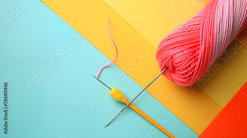 Yarn, wool and knitting needles on on colorful background photo