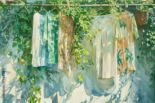 A painting depicting various clothes hanging on a clothesline, swaying in the breeze under a clear sky