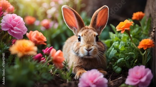 A curious rabbit peeking out from behind a vibrant spring flower