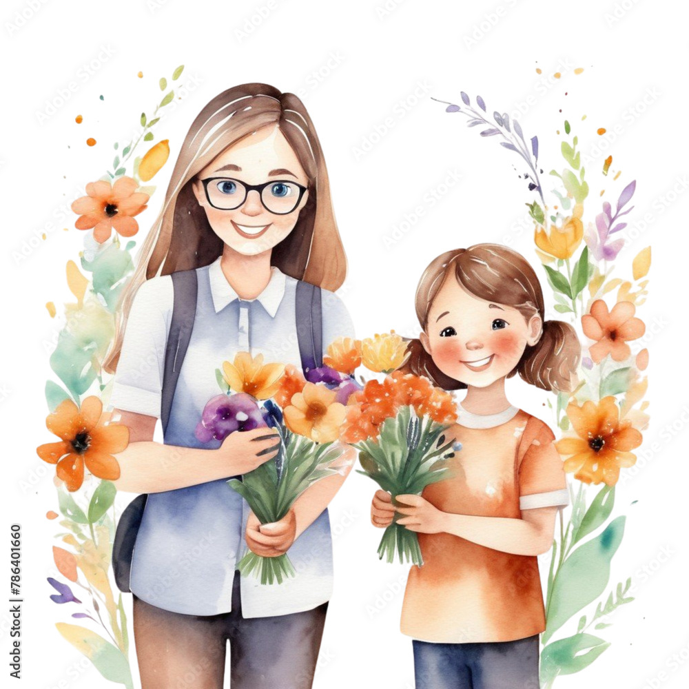 watercolor full family with flowers on Isolated transparent background png. generated with AI