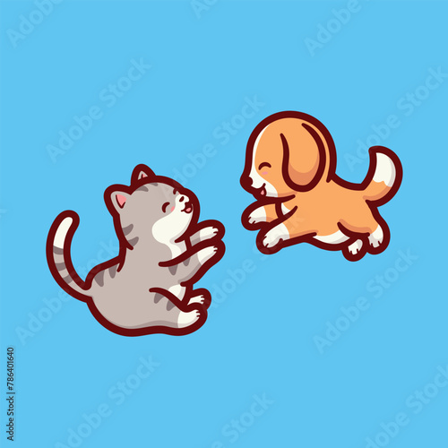 Vector Cute Cartoon Cat and Dog Illustration