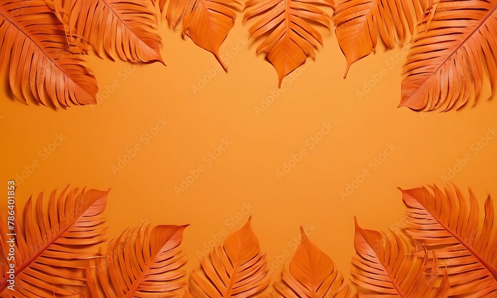 Tropical leaves on orange background. Creative layout, top view, blank space, Minimal summer concept. Tropical leaves on orange background. Creative layout, top view, blank space, Minimal summer concept.