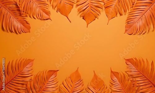 Tropical leaves on orange background. Creative layout, top view, blank space, Minimal summer concept.