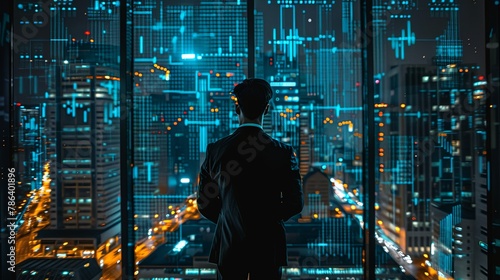 Man looking at digital graph display on skyscraper office window at night with blurred bokeh lights.