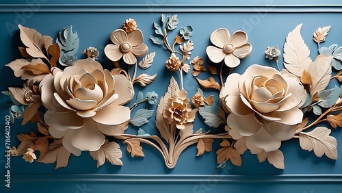 Beautiful carved flowers on blue wall, closeup. Interior decoration